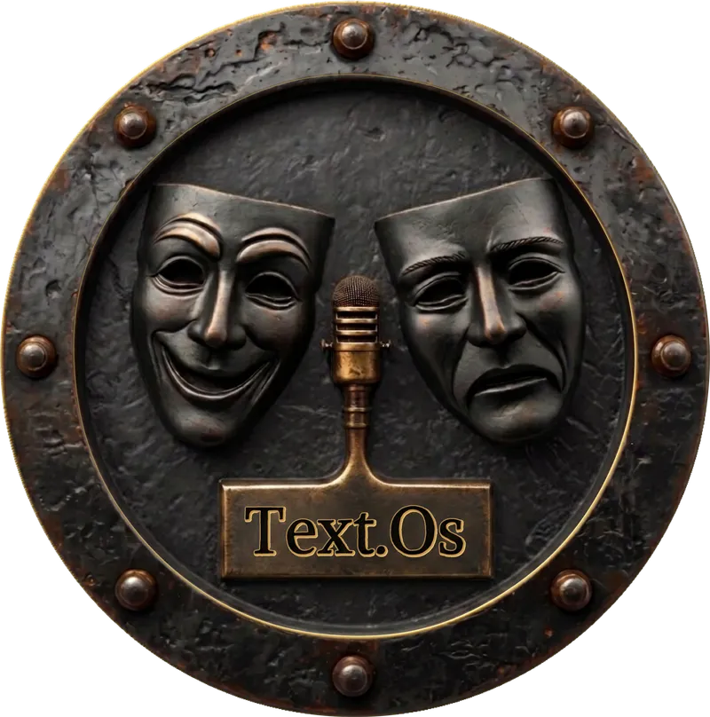 Sello editorial de Text.Os: dos máscaras de teatro y un micrófono dentro de un aro de hierro remachado