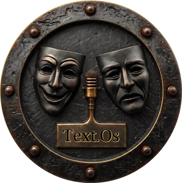 Sello editorial de Text.Os: dos máscaras de teatro y un micrófono dentro de un aro de hierro remachado